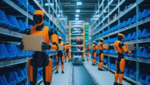 Robots coordinados en un almacén como representación conceptual de agentes de IA en un proceso empresarial.